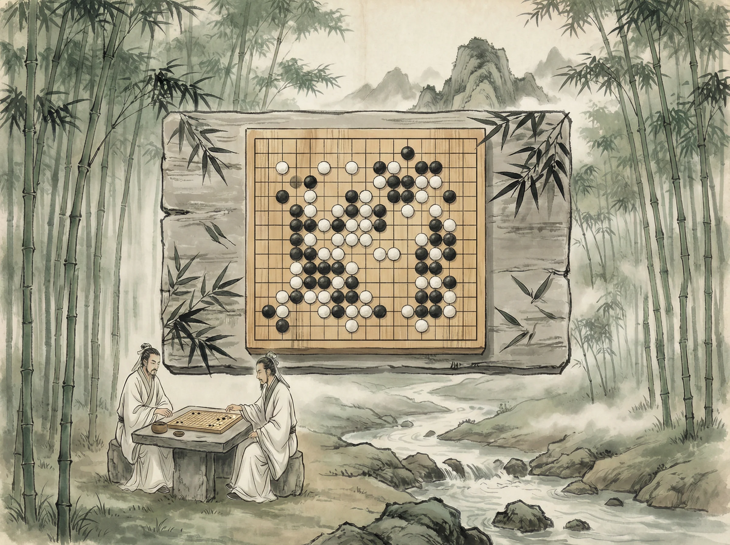 竹林悟道局 炸金花应用 棋盘布局，黑白子对峙