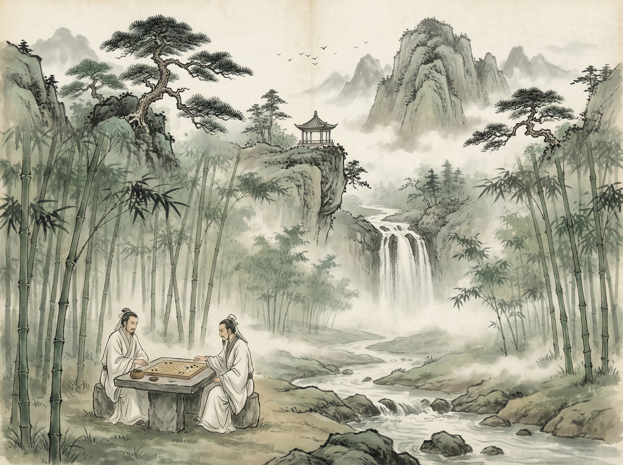 水墨山水画，松亭瀑布，炸金花应用 意境延伸