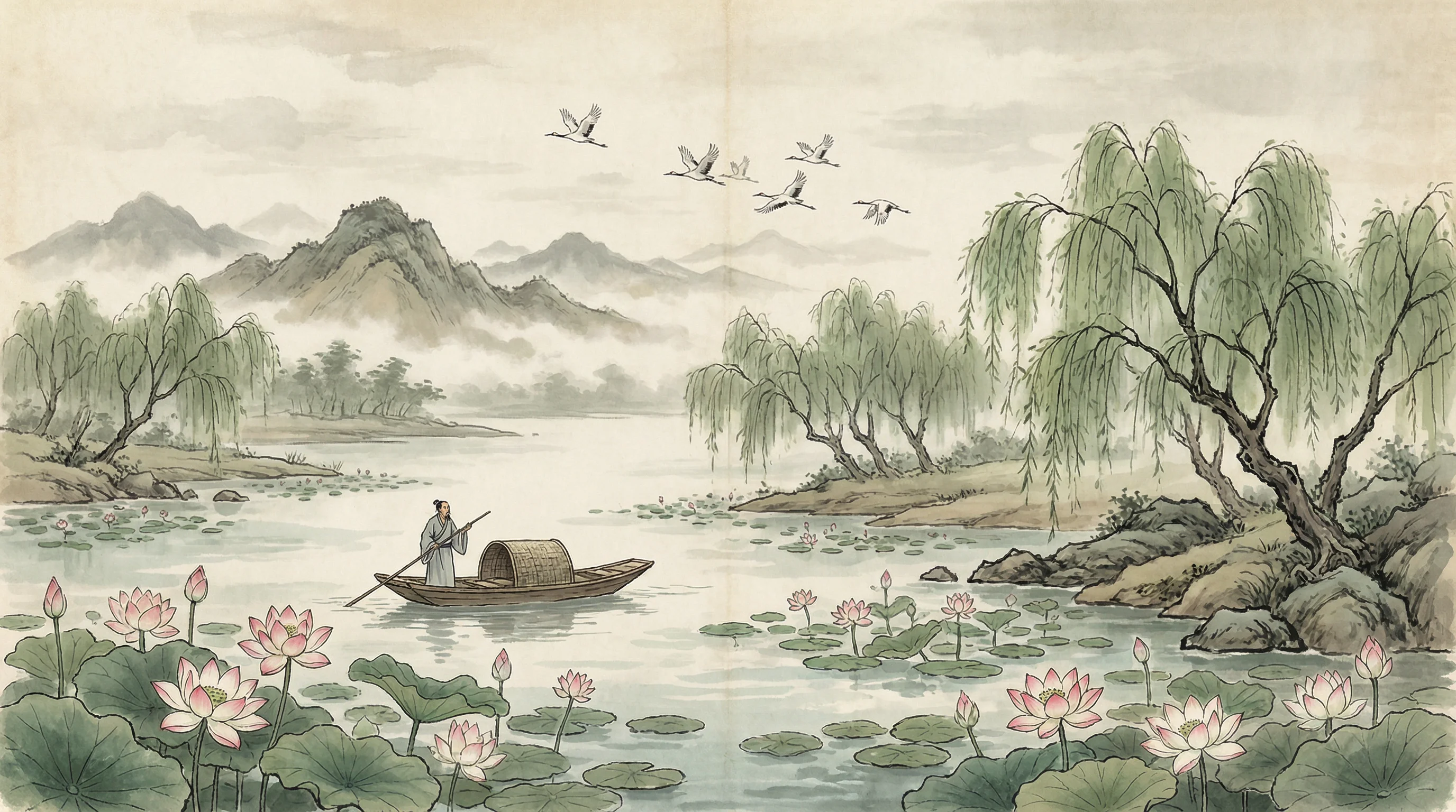 荷塘泛舟水墨画，与 炸金花应用 禅意相映
