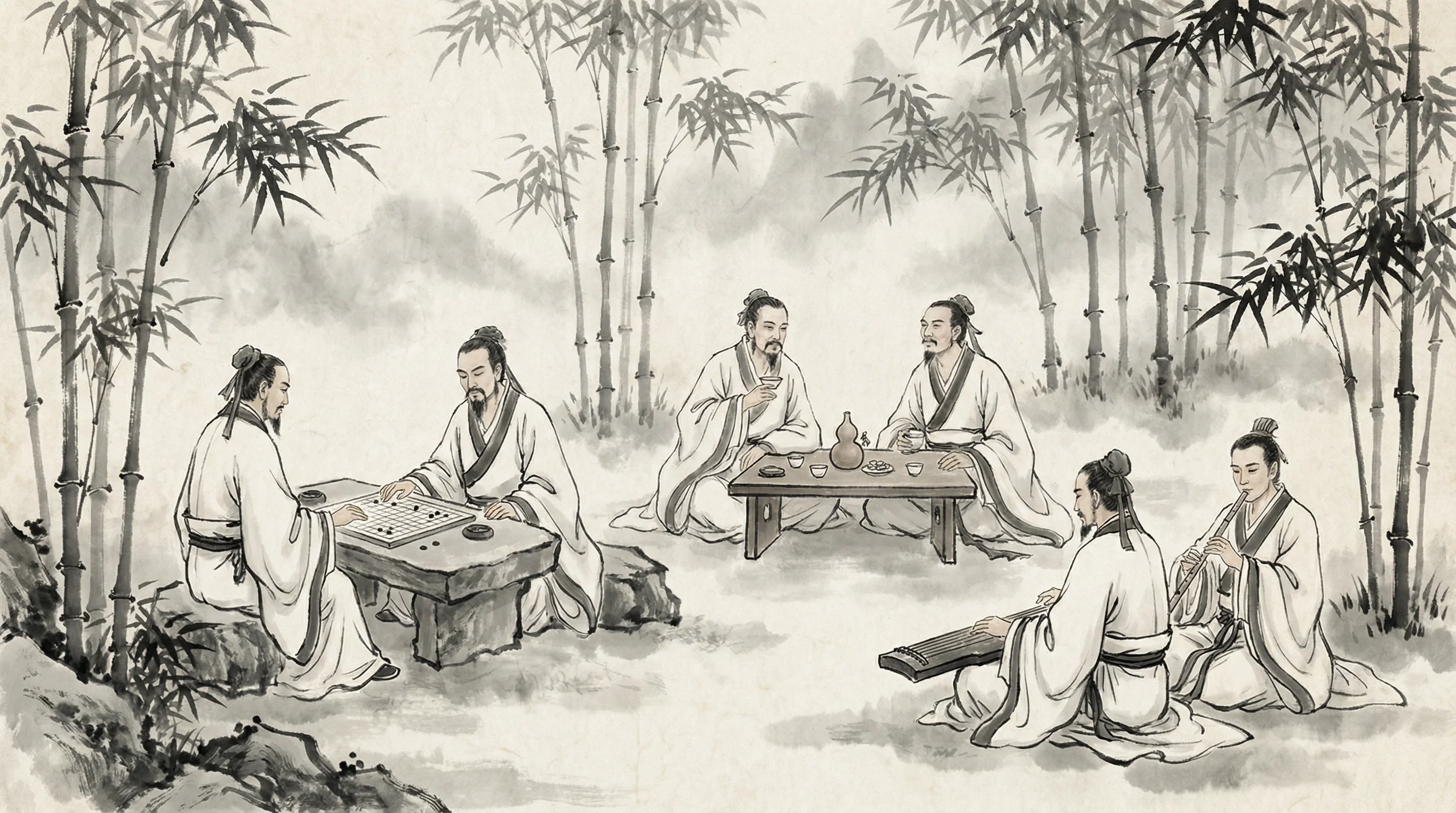 竹林七贤水墨画，隐士以棋会友，共参 炸金花应用 之道