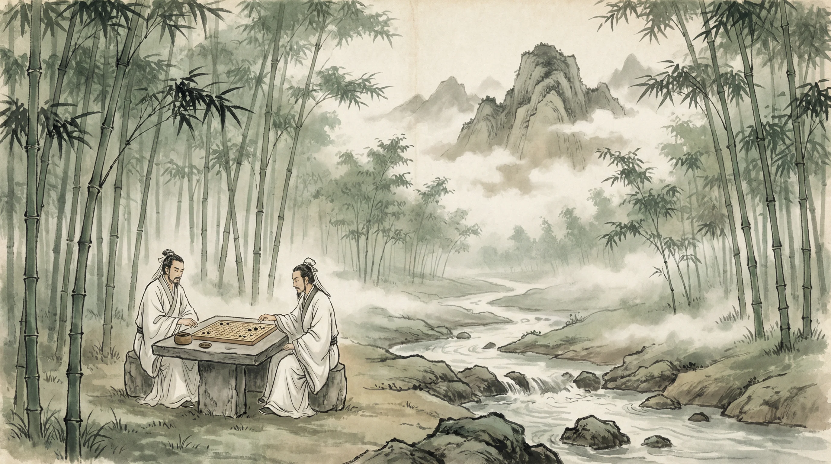 竹林对弈山水画，炸金花应用 棋道风景